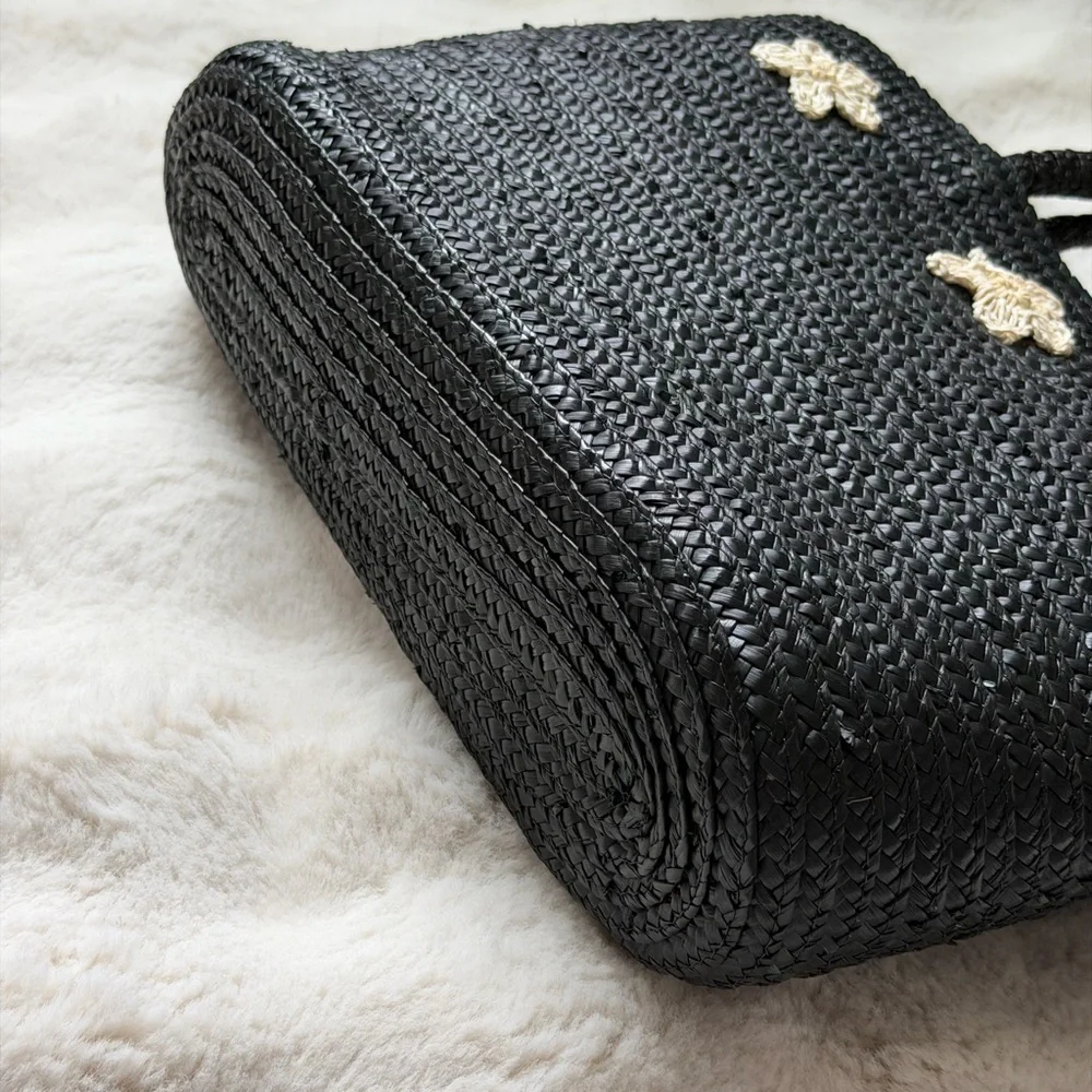 Black Woven Straw Tote Bag with Crochet Floral Accents - Picture 6 of 12